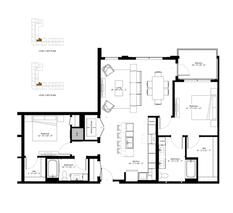 A floor plan of a two-story building with labeled rooms and furniture.